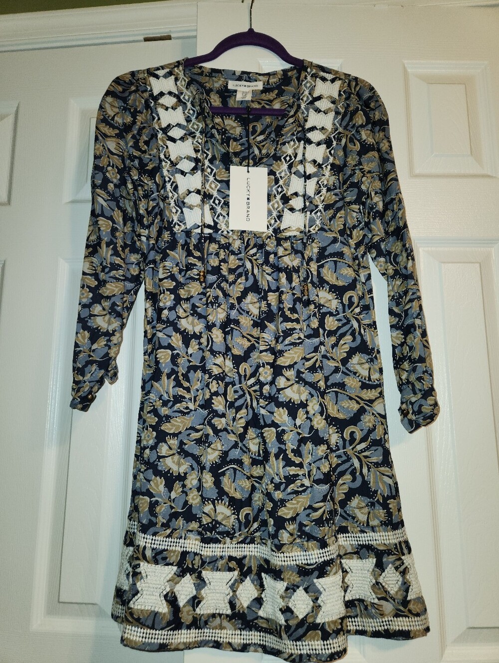 Lucky Brand Navy and Cream Floral Long Sleeve Tunic
